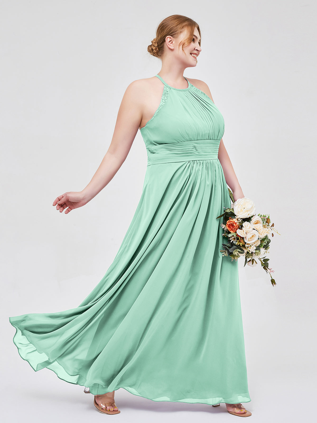 Alaia Cabestro Gasa Largo Corte Con Encaje Tirante Mint Green Tallas Grandes