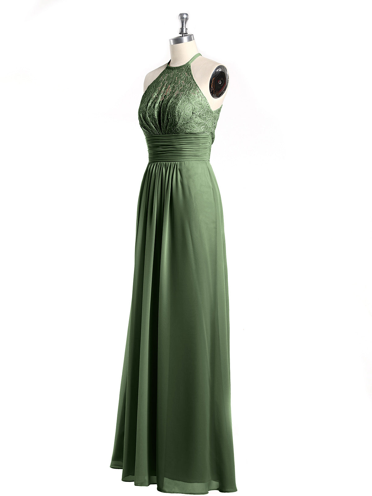 Vestidos largos de chiffon y encaje estilo halter Verde Oliva Tallas Grandes