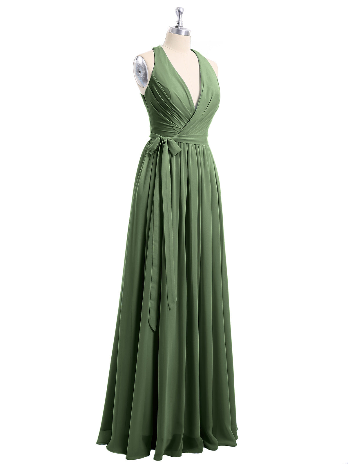 El vestido de chiffon con escote en V profundo y lazo de sash Verde Oliva