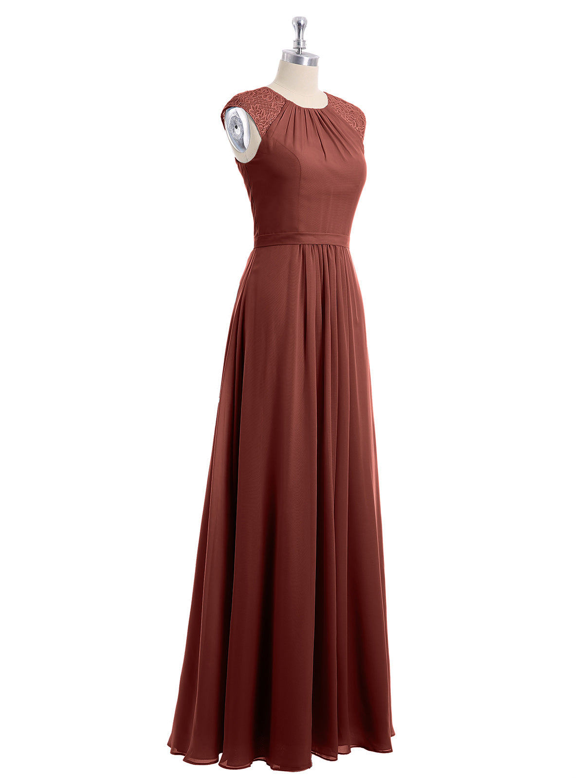 Vestido largo de chiffon y encaje con espalda descubierta Terracota