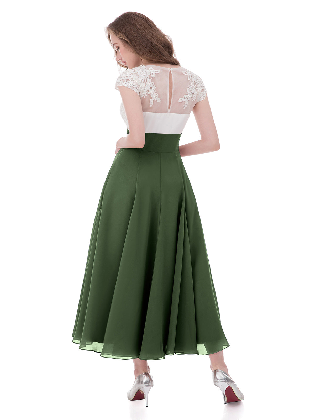 Anemone Escote En V Gasa Marfil Corpino Vestido Con Aplicacion Verde Oliva