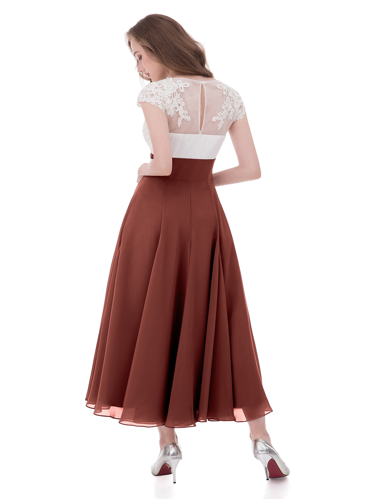 Anemone Escote En V Gasa Marfil Corpino Vestido Con Aplicacion Terracota