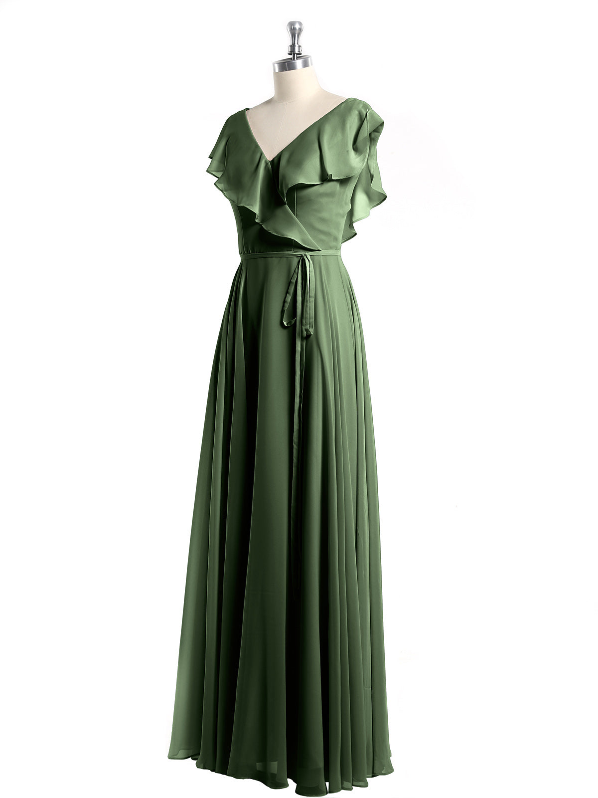 Vestidos de chiffon con escote en V y mangas cap Verde Oliva