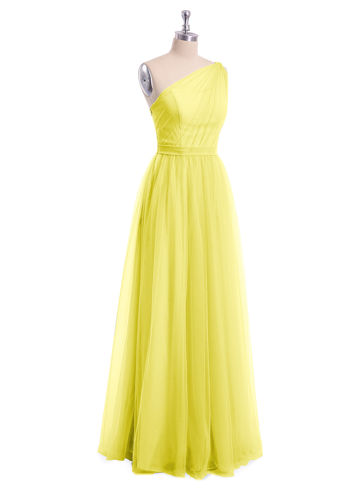 Angelina Un Hombro Malla Corte De Dama De Honor De Fiesta De Boda Limón