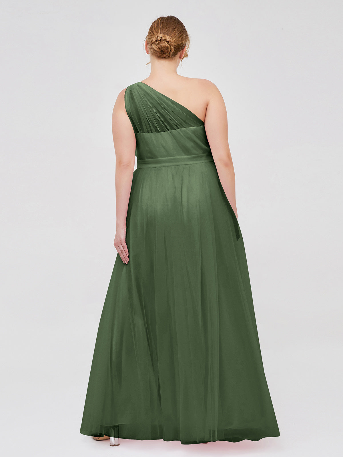 Angelina Un Hombro Malla Corte De Dama De Honor De Fiesta De Boda Verde Oliva Tallas Grandes
