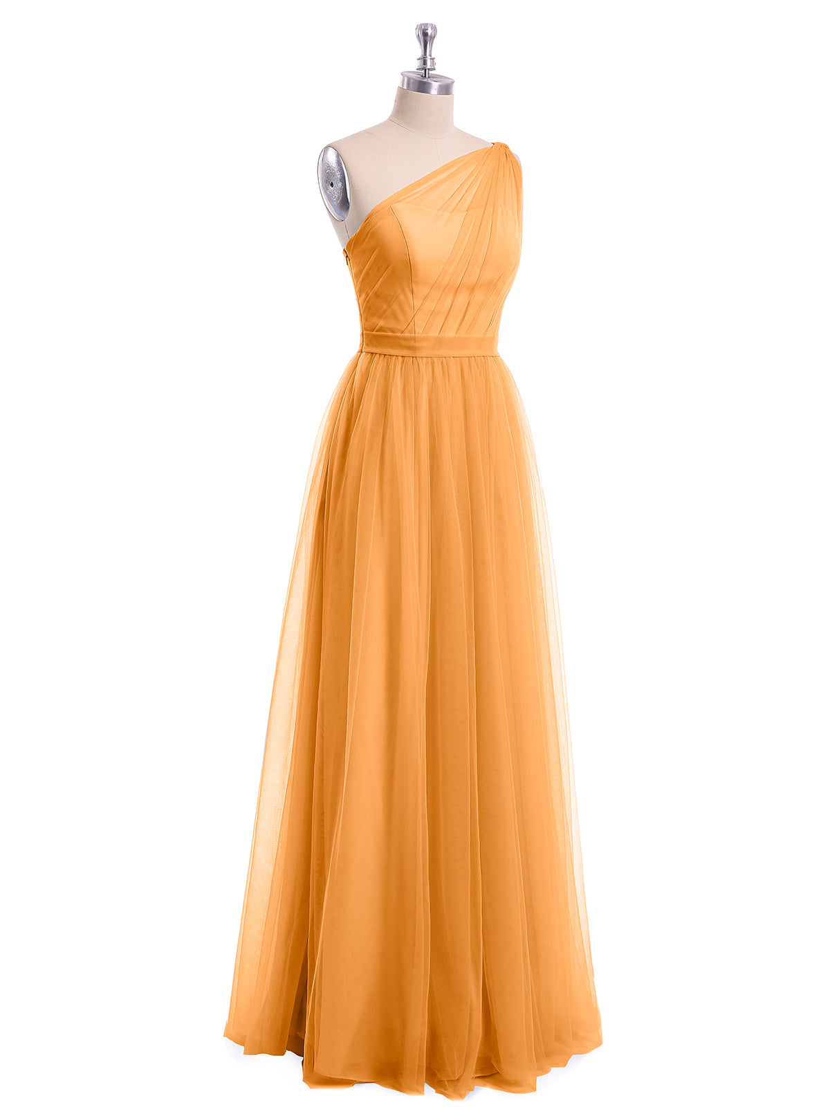 Angelina Un Hombro Malla Corte De Dama De Honor De Fiesta De Boda Mandarina