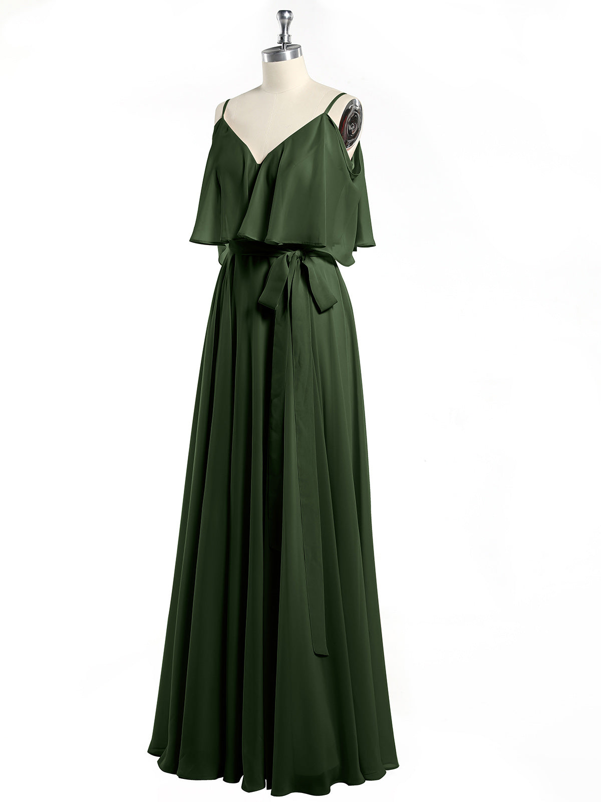 Vestidos de chiffon con volantes en las mangas y tirantes finos Verde Oliva