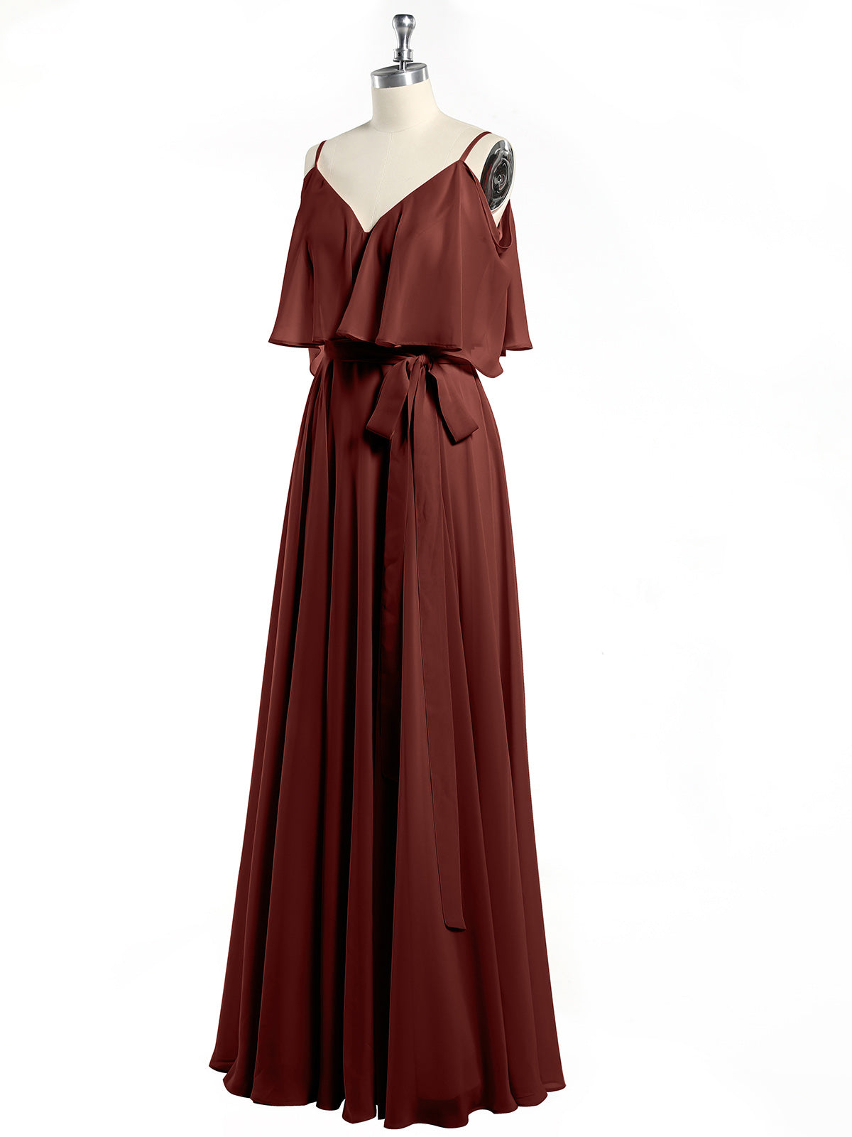 Vestidos de chiffon con volantes en las mangas y tirantes finos Terracota Tallas Grandes
