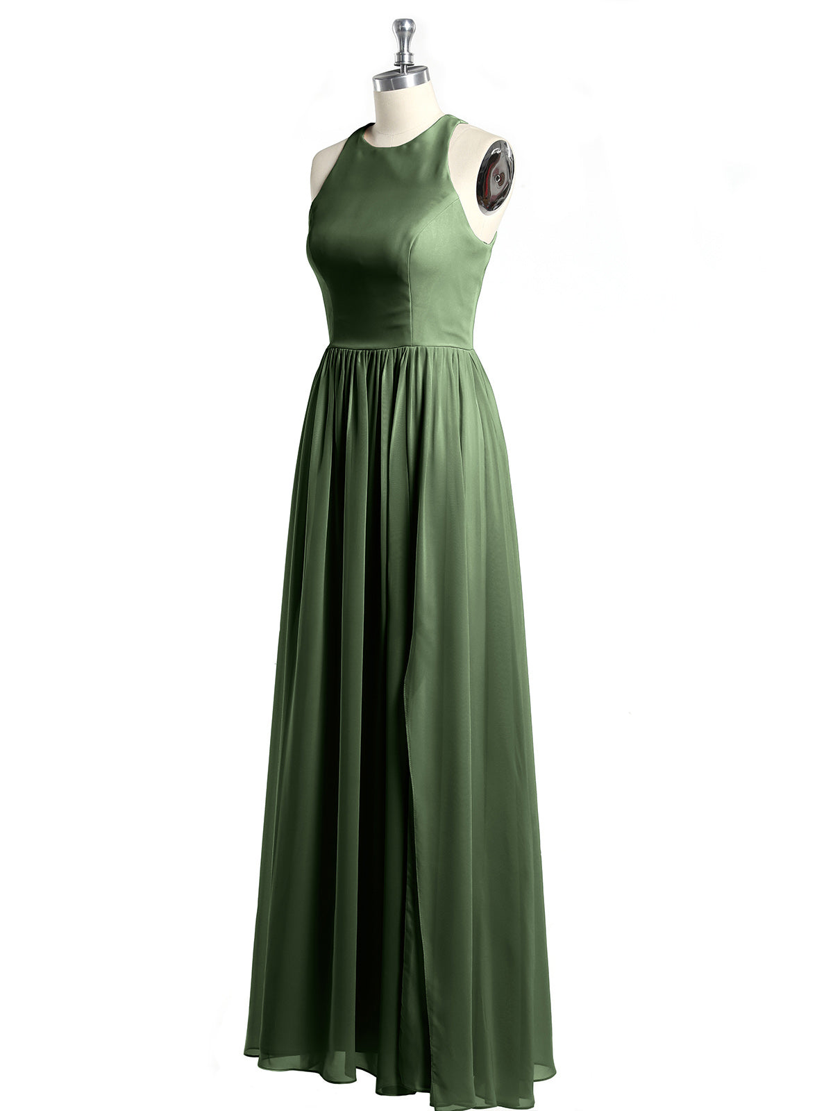 Vestido sencillo de chiffon estilo halter con abertura Verde Oliva Tallas Grandes