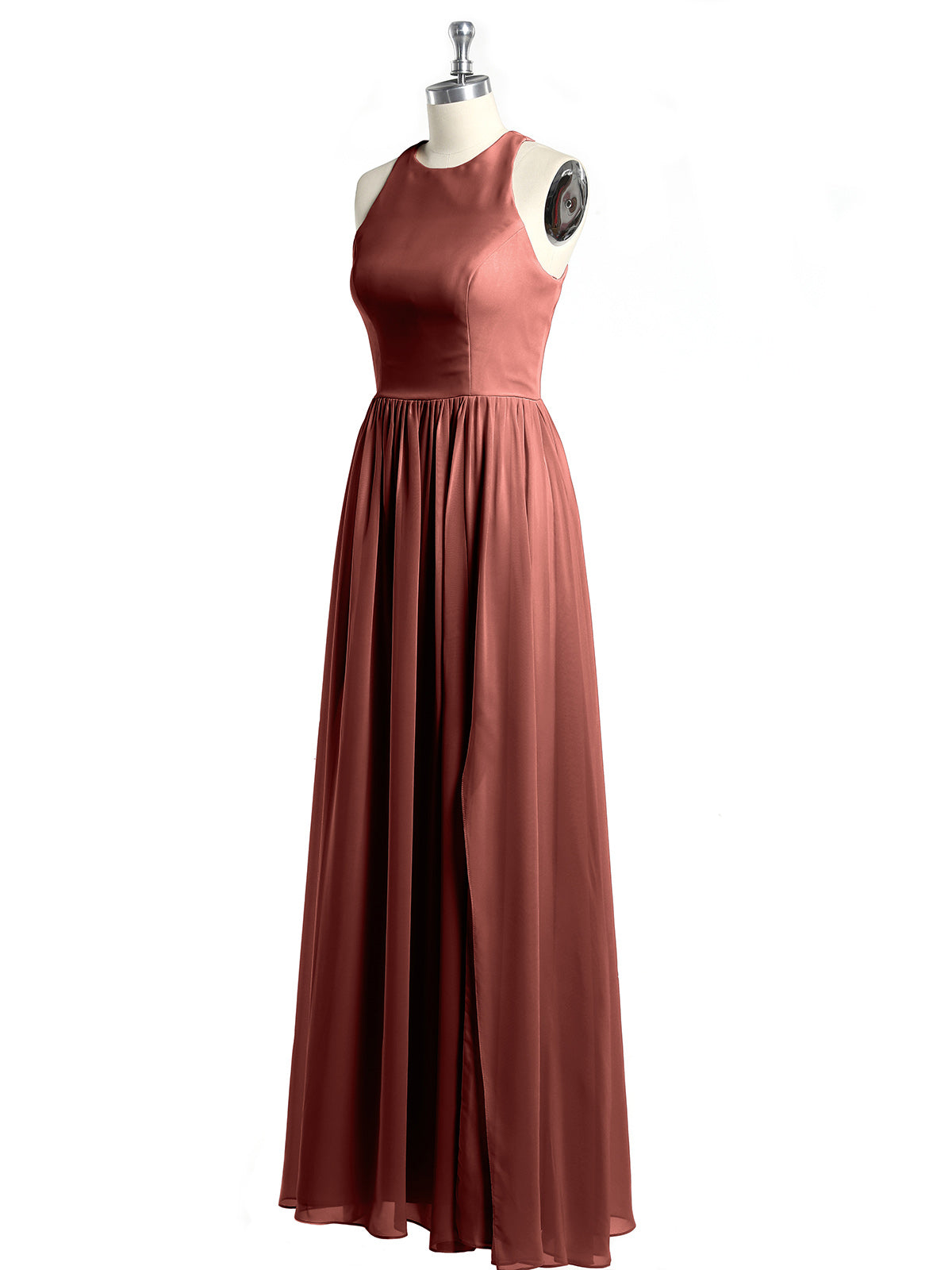Vestido sencillo de chiffon estilo halter con abertura Terracota