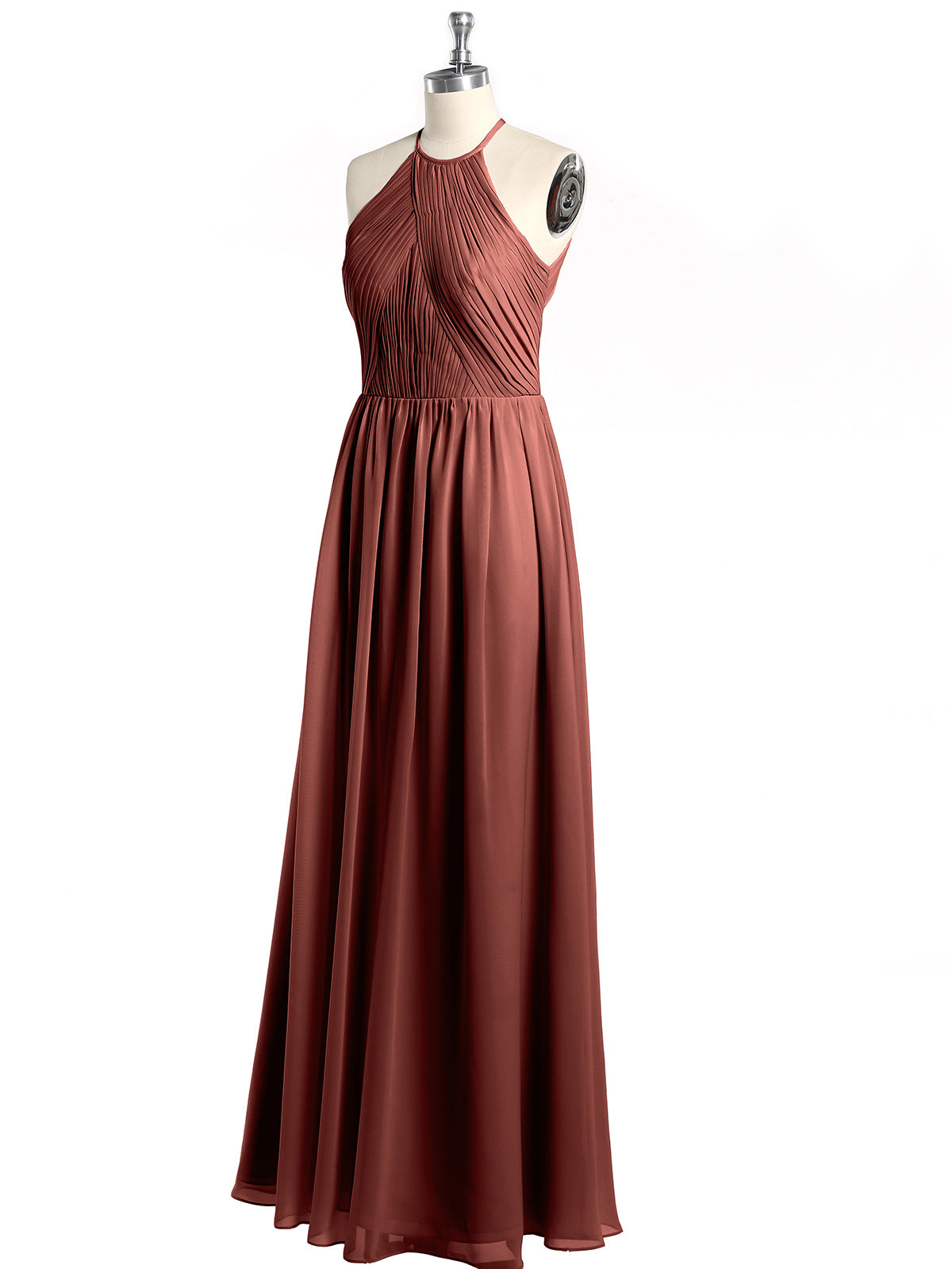 Vestidos de chiffon estilo halter con cuerpo plisado Terracota