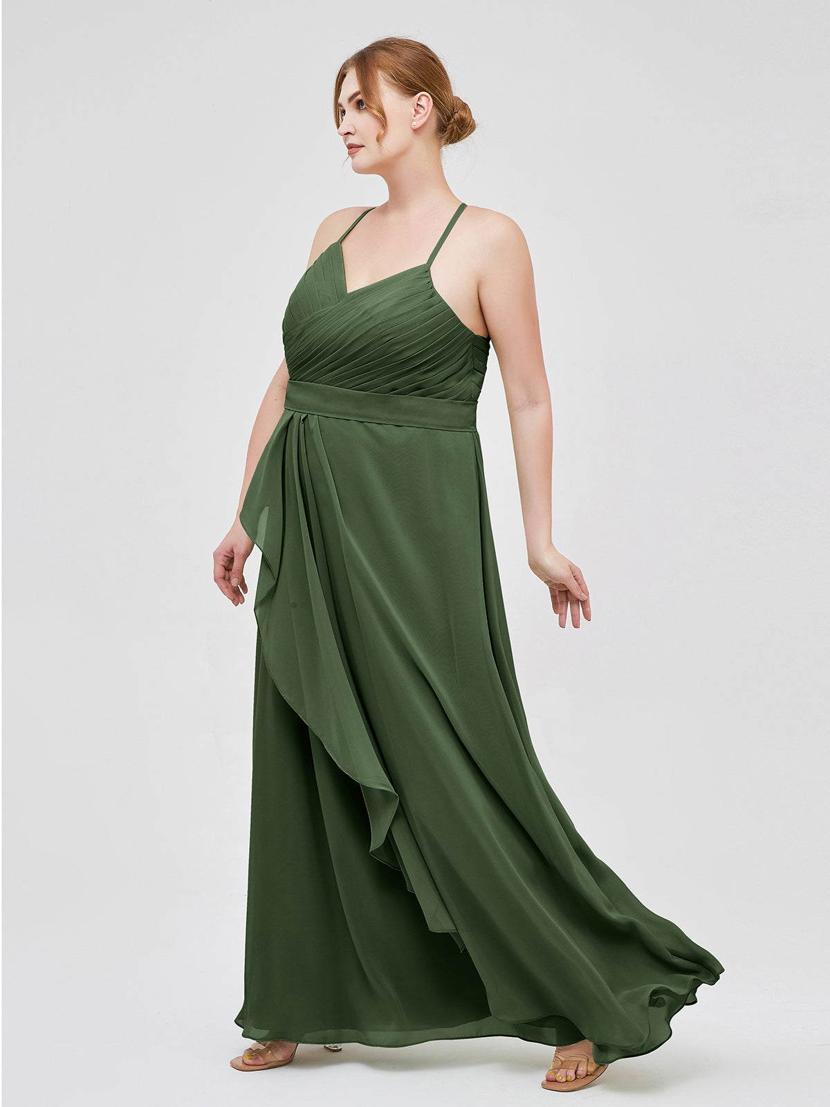 Vestido elegante de dama de honor con tirantes finos y escote en V Verde Oliva