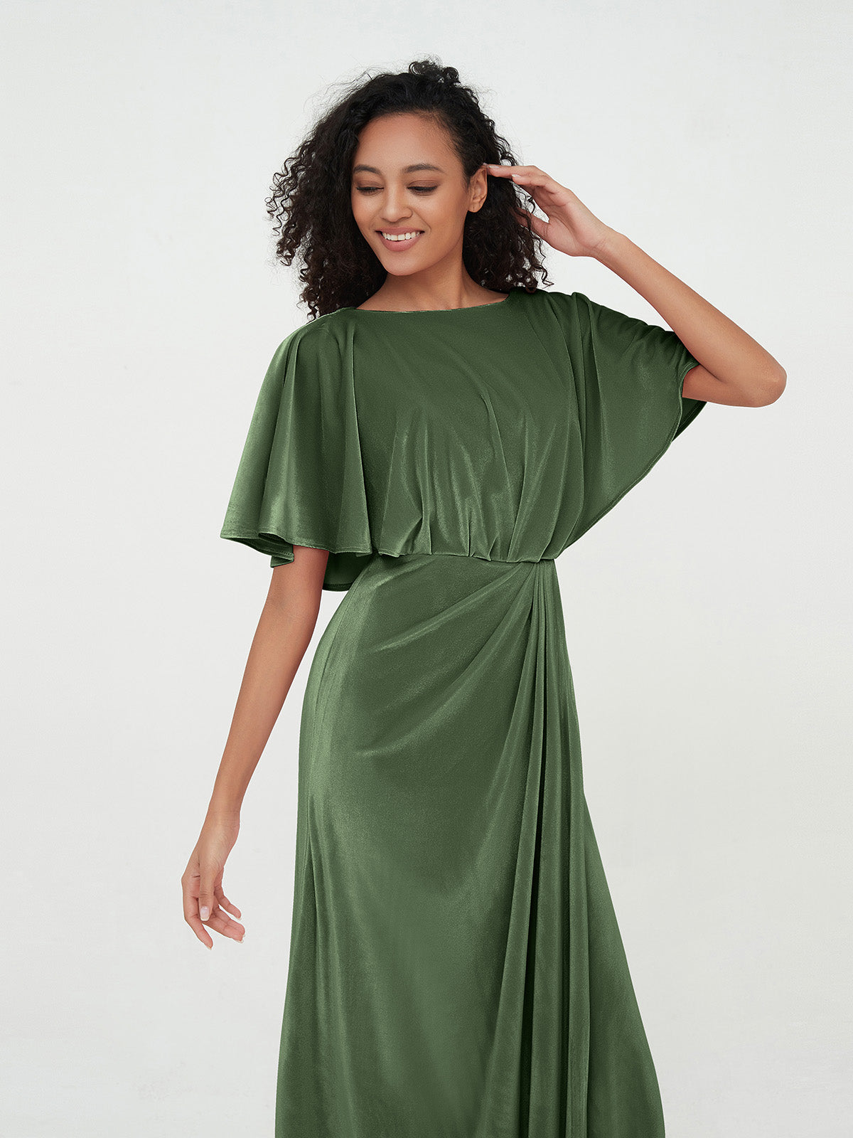 Vestidos largos de terciopelo de corte recto con mangas de volantes Verde Oliva