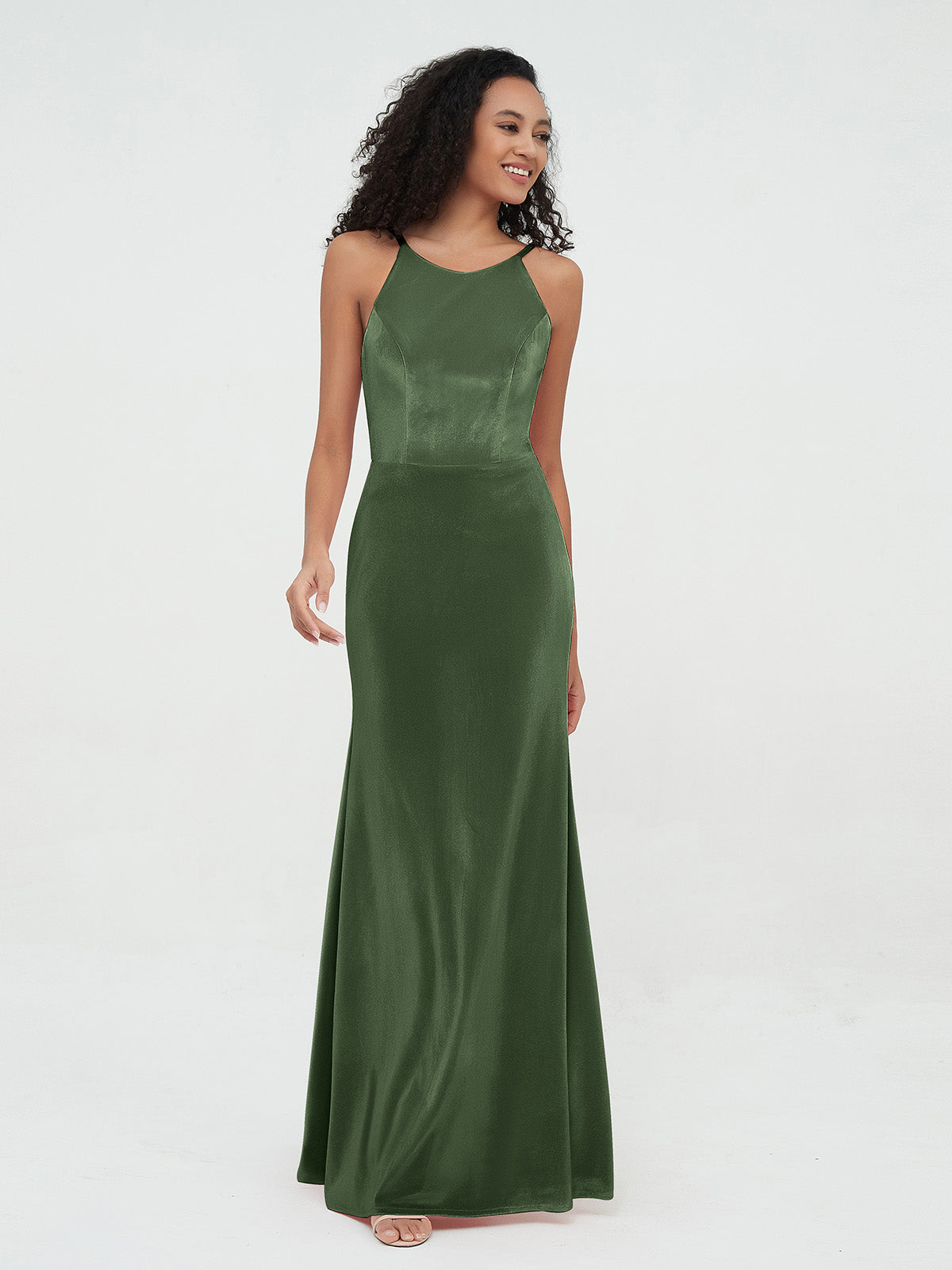 Vestidos de cuello redondo de terciopelo con cola de barrido Verde Oliva Tallas Grandes