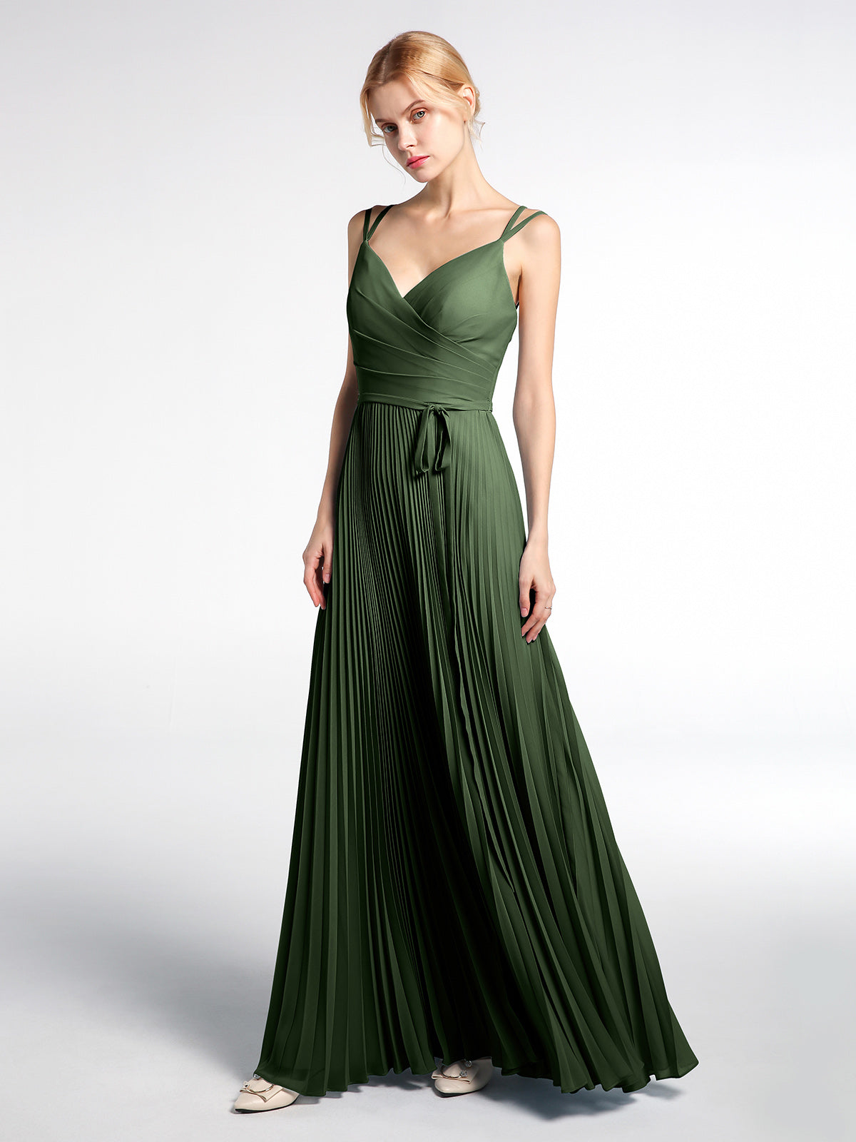 Vestido plisado de falda doble con tirantes y lazo Verde Oliva