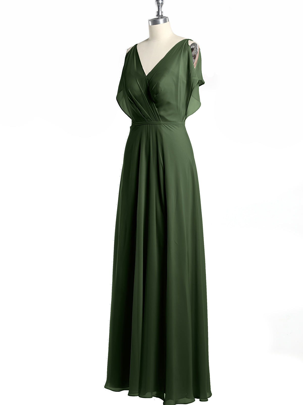 Vestidos maxi de chiffon con escote en V y abertura Verde Oliva