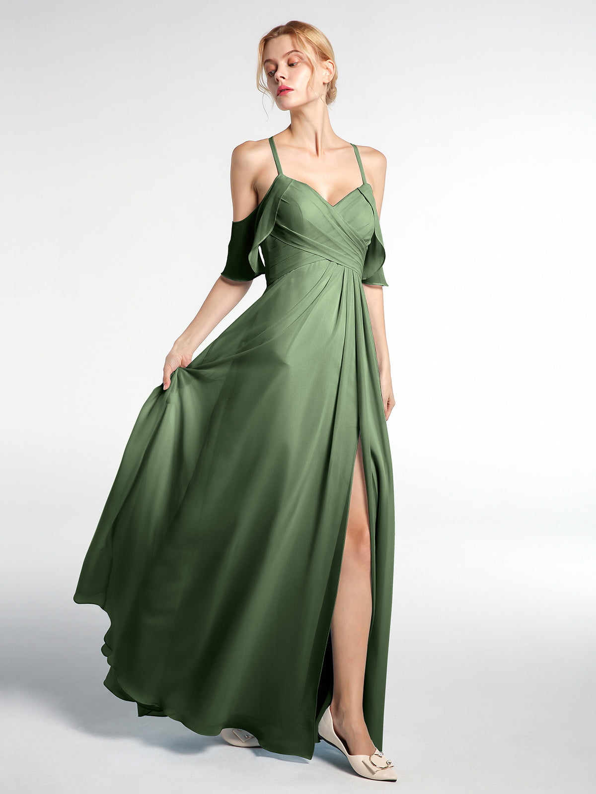 Vestido de tirantes finos estilo imperio con mangas adornadas con volantes Verde Oliva