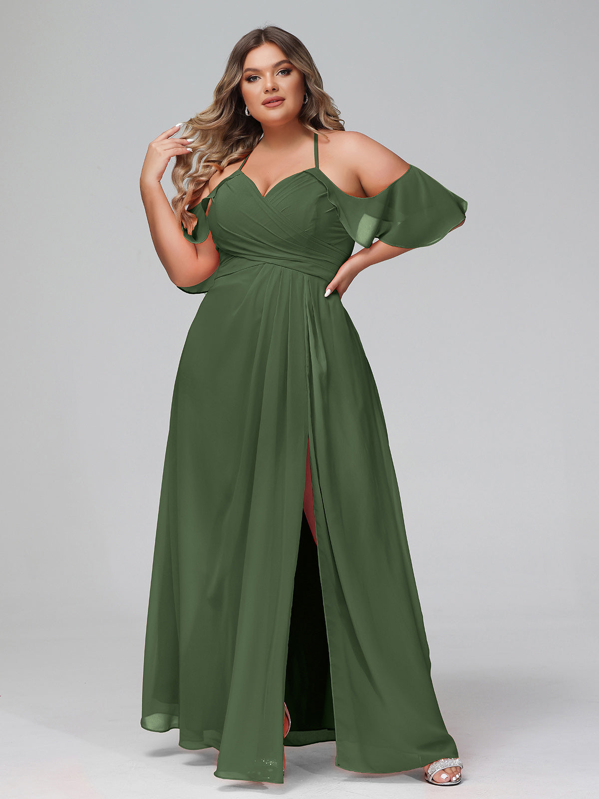 Vestido de tirantes finos estilo imperio con mangas adornadas con volantes Verde Oliva Tallas Grandes