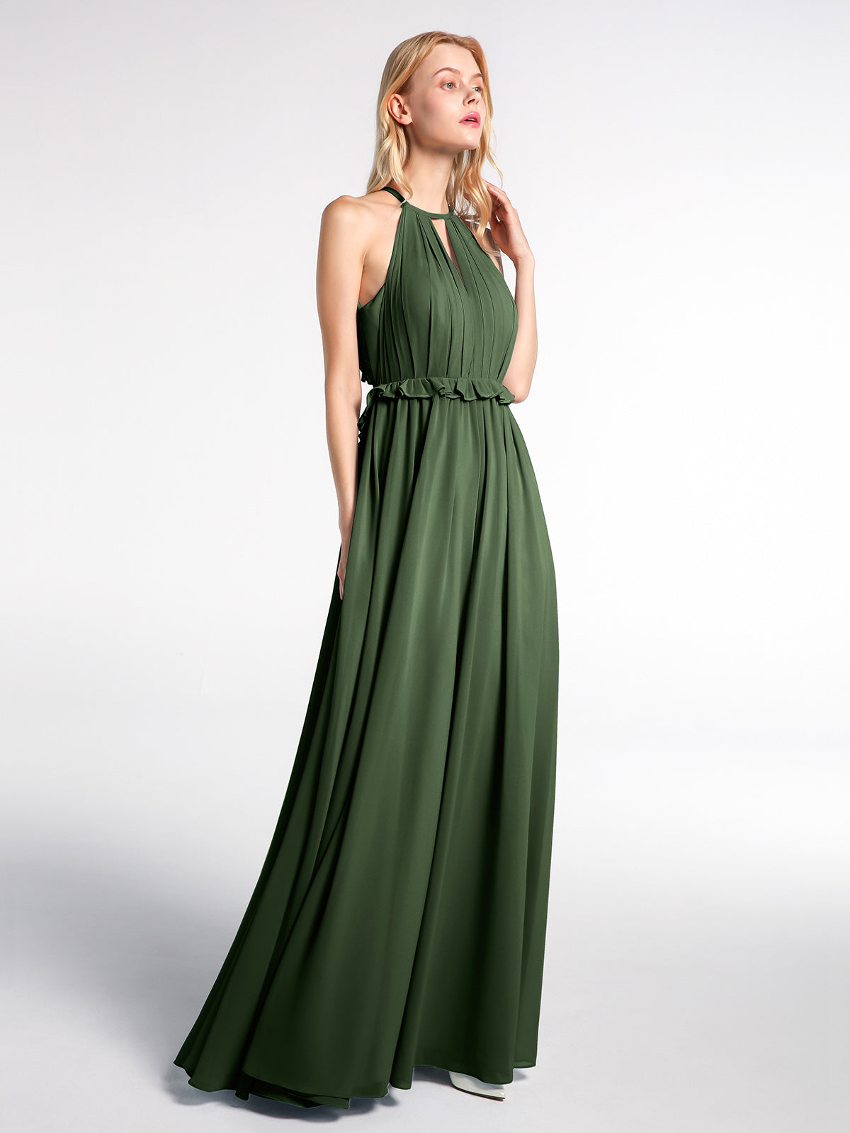 Vestido largo de chiffon con escote en forma de cerradura y espalda descubierta Verde Oliva