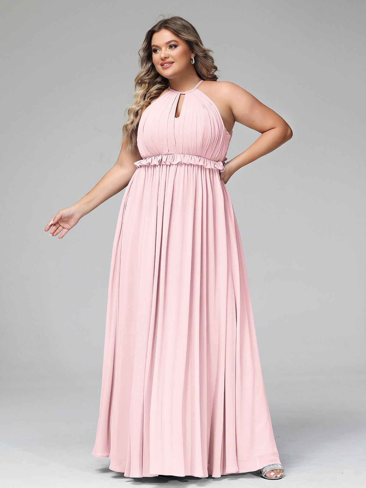 Vestido largo de chiffon con escote en forma de cerradura y espalda descubierta Rosa Claro Tallas Grandes