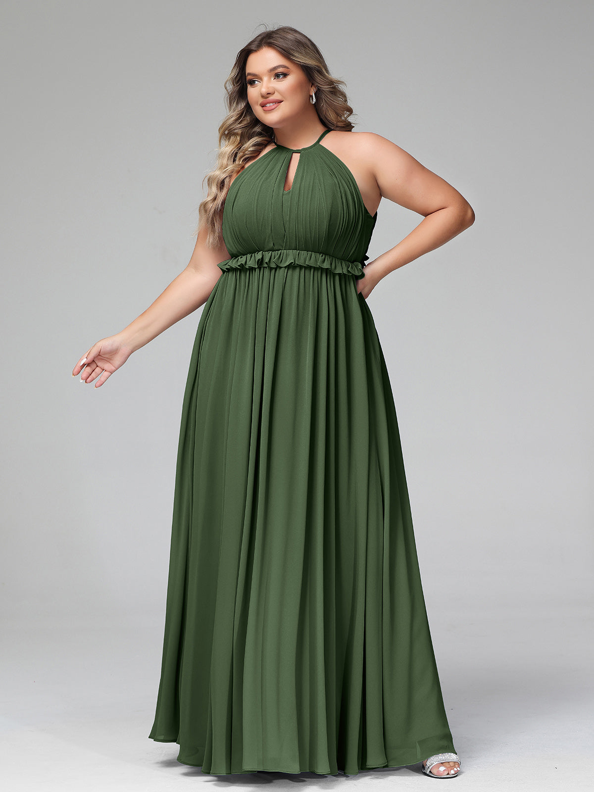 Vestido largo de chiffon con escote en forma de cerradura y espalda descubierta Verde Oliva Tallas Grandes