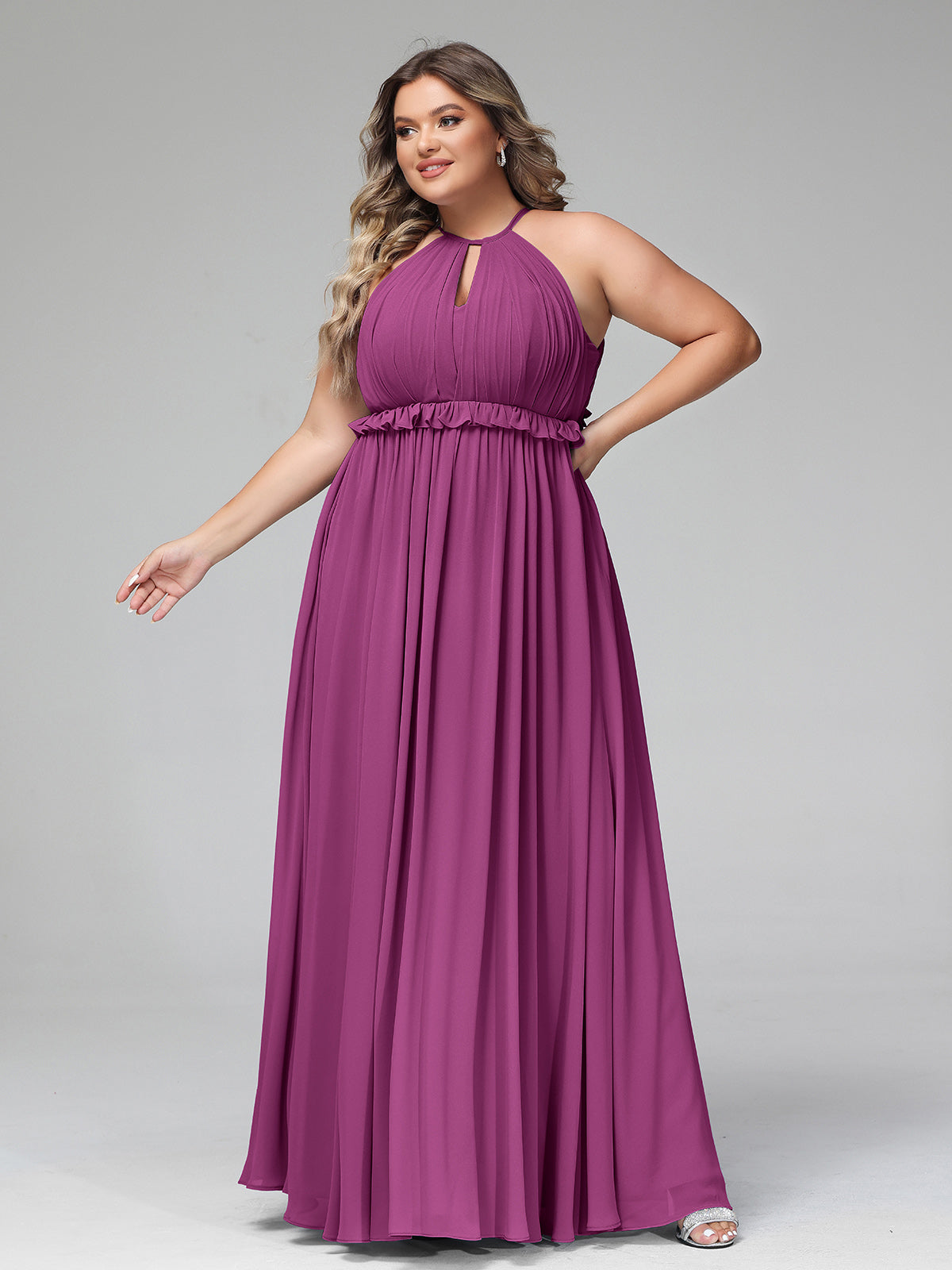 Vestido largo de chiffon con escote en forma de cerradura y espalda descubierta Orquídea Tallas Grandes