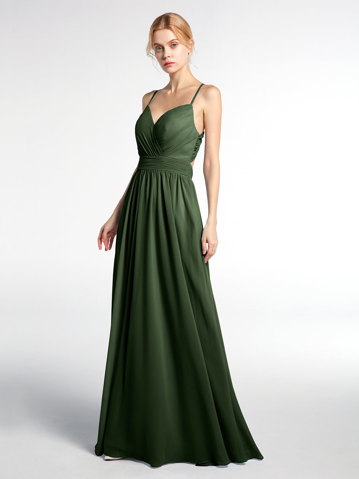 Vestido de chiffon con espalda abierta en forma de cruz y tirantes finos Verde Oliva