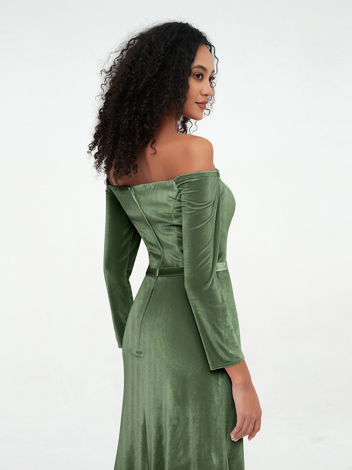 Vestidos largos de terciopelo con hombros descubiertos y mangas largas Verde Oliva Tallas Grandes
