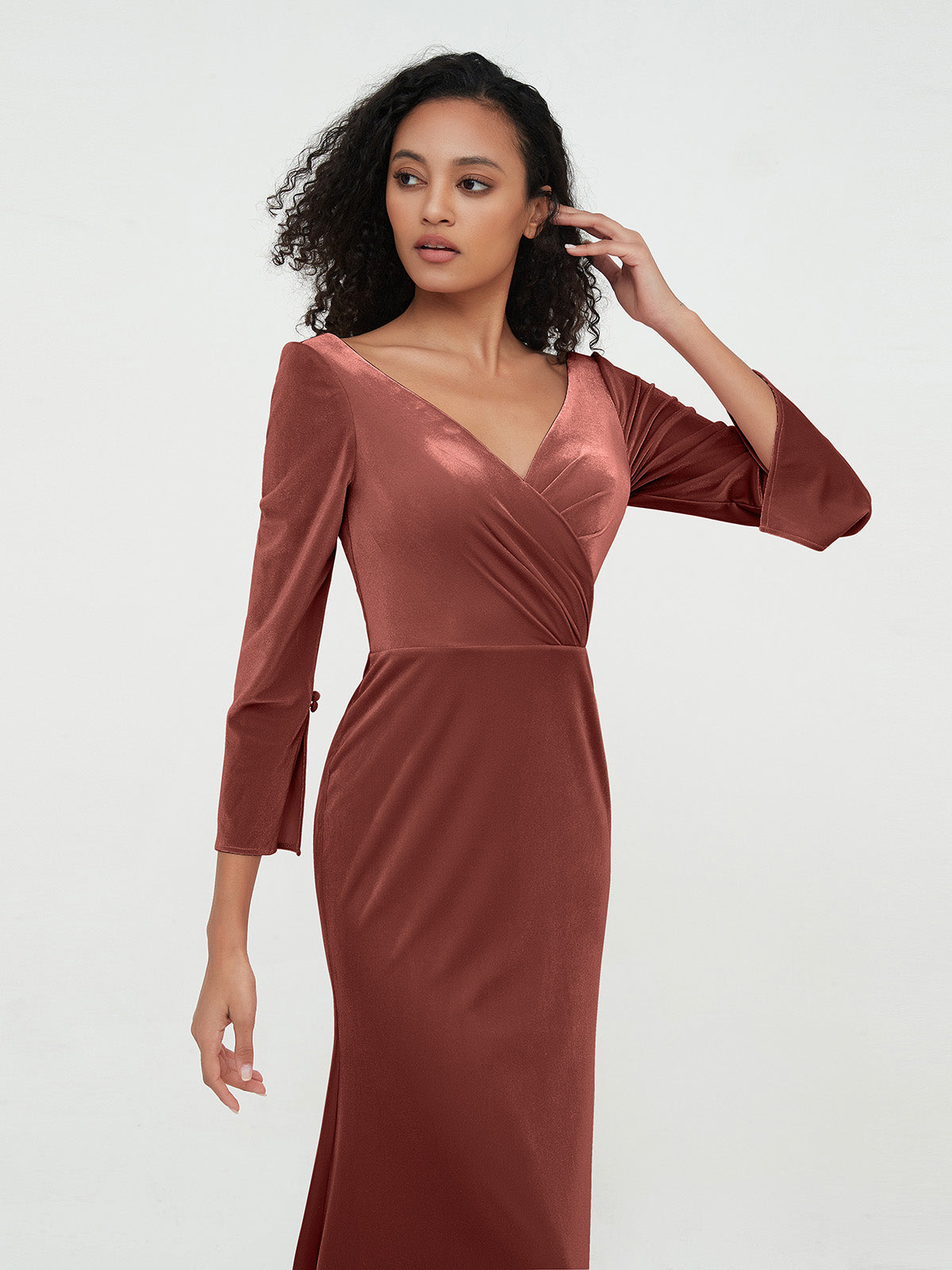 Vestidos máximos de terciopelo con cuello en V y estilo sirena Terracota
