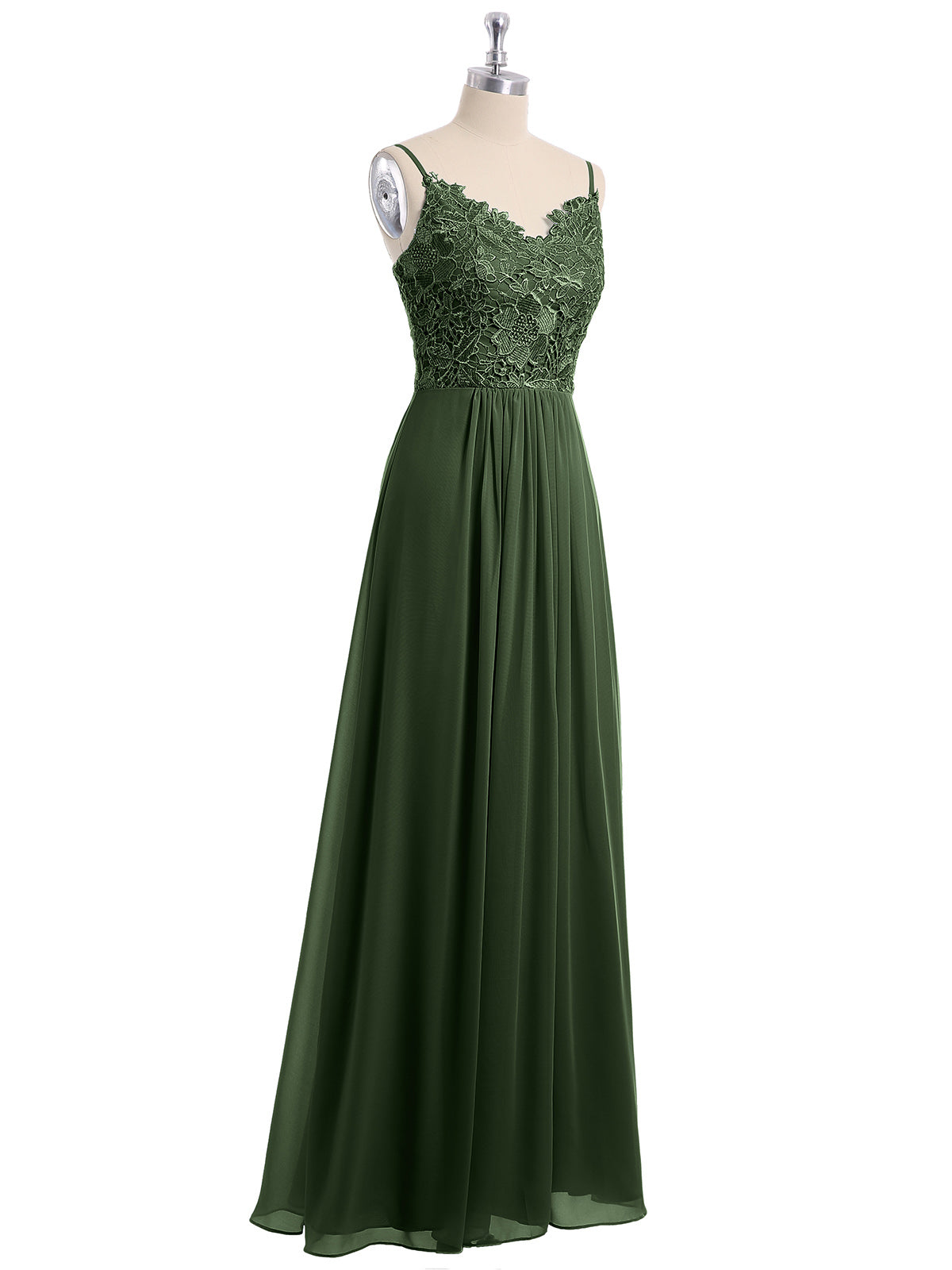 Vestidos largos de encaje y chiffon con tirantes finos Verde Oliva Tallas Grandes