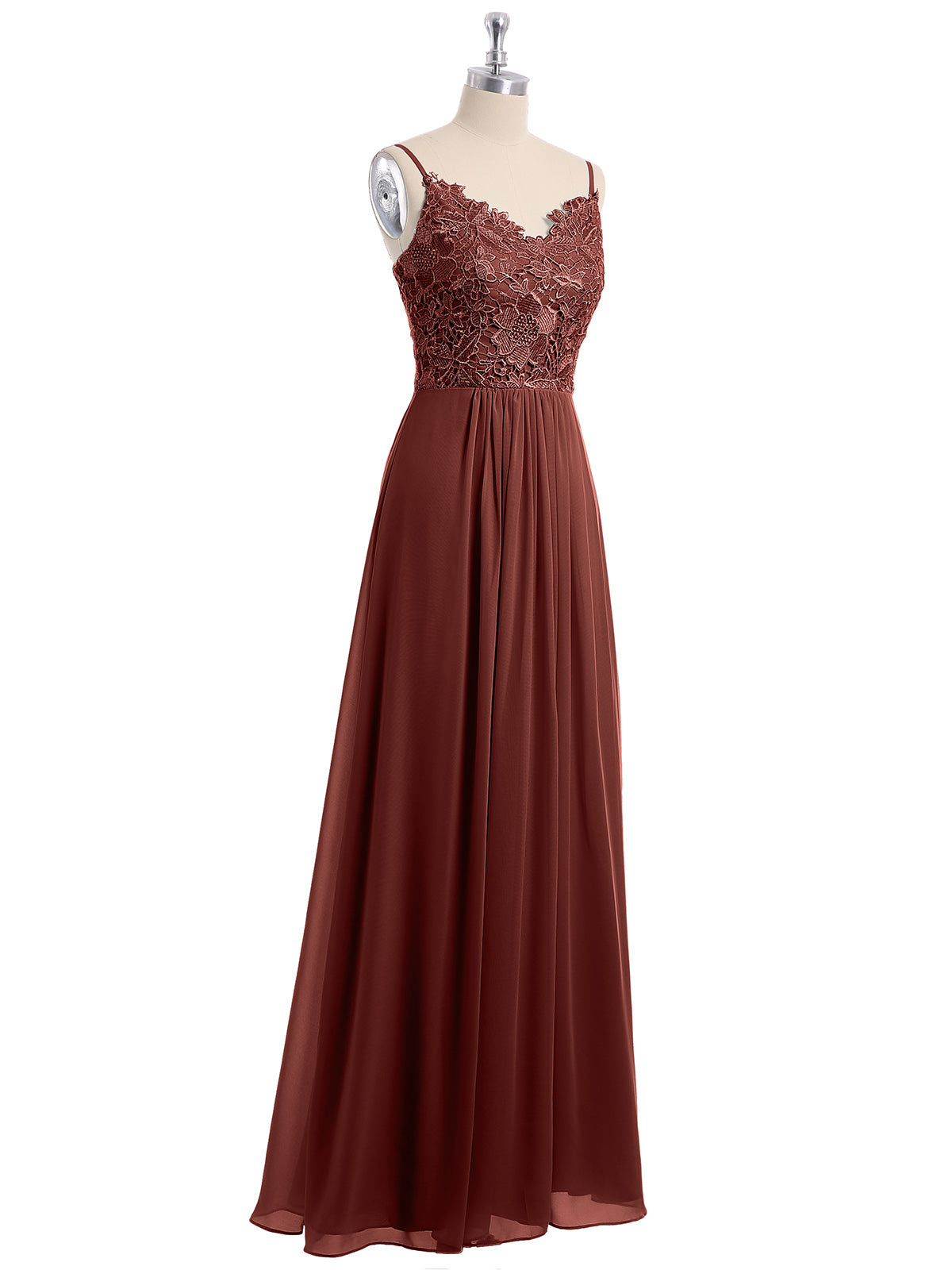Vestidos largos de encaje y chiffon con tirantes finos Terracota Tallas Grandes