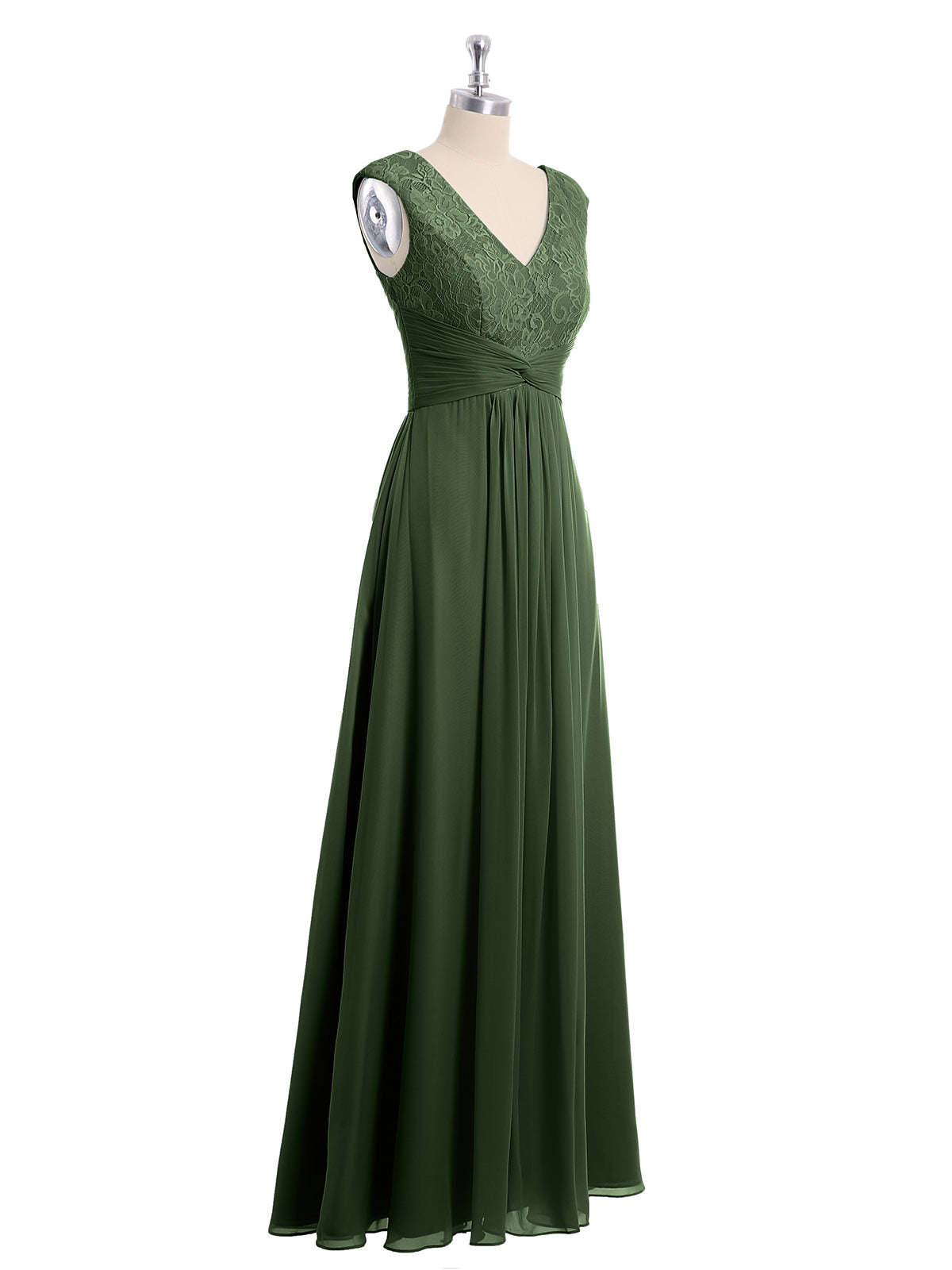 Vestido de chiffon y encaje con mangas cap y escote en V Verde Oliva
