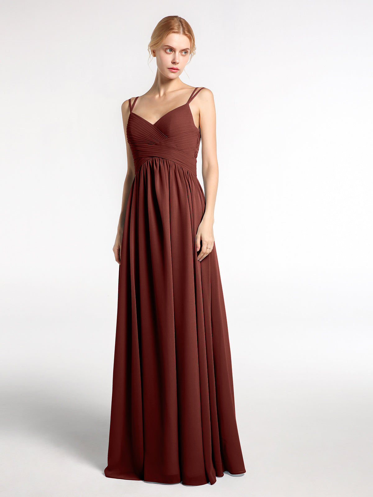 Vestido largo de dama de honor de chiffon con tirantes dobles Terracota