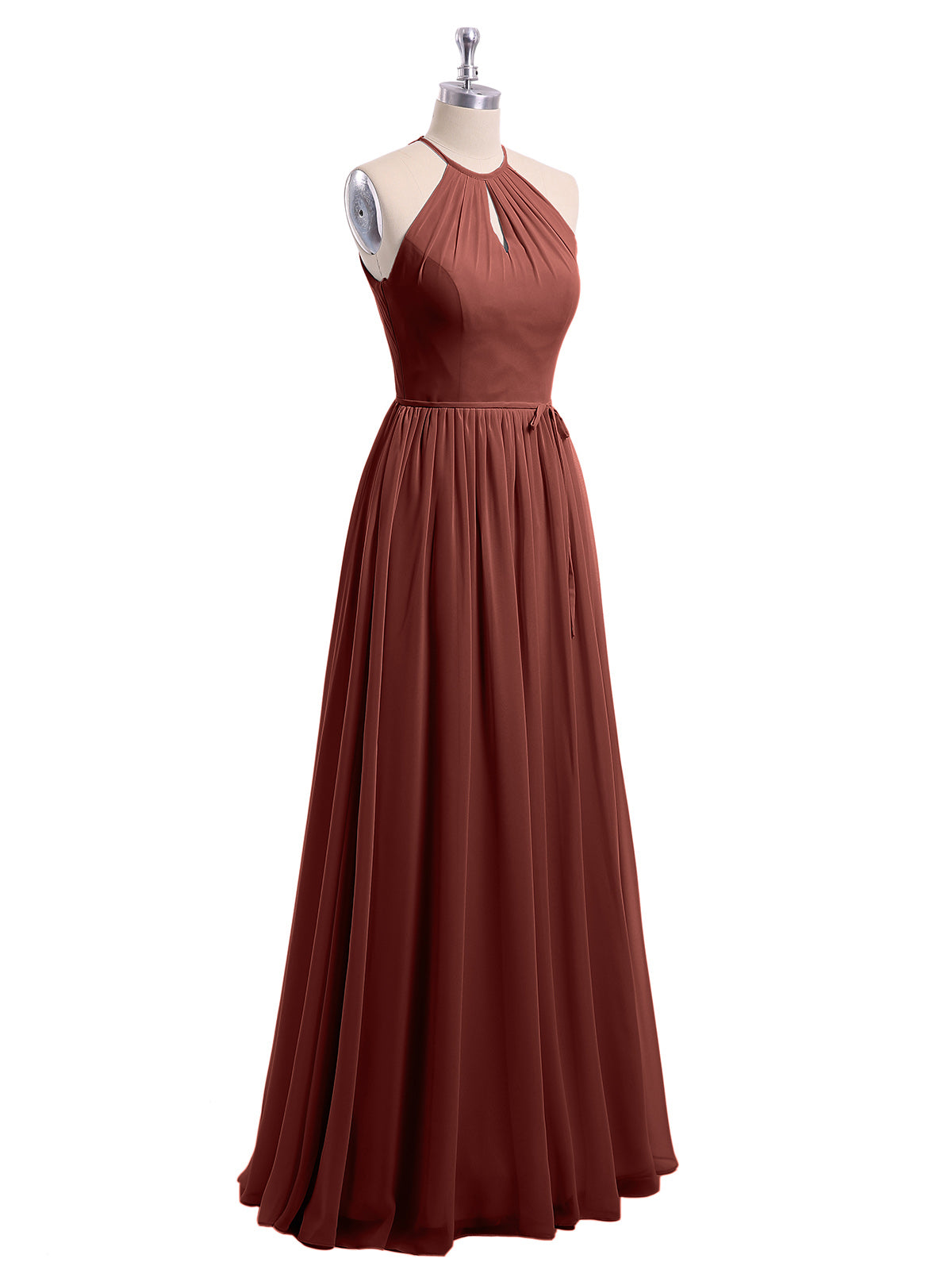 Vestidos largos de chiffon estilo halter con espalda descubierta Terracota Tallas Grandes