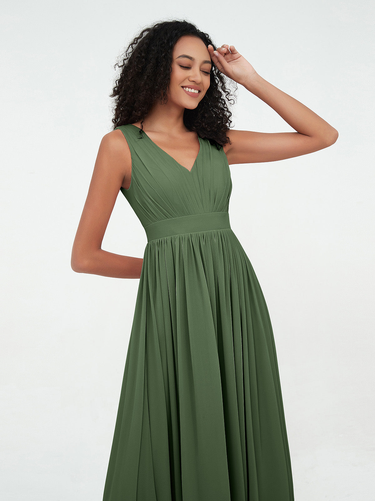 Vestidos largos de chiffon con escote en V y espalda abierta Verde Oliva