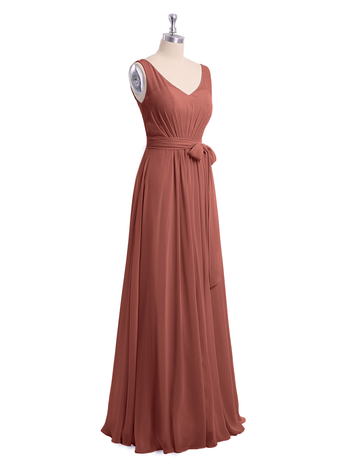 Vestidos largos de chiffon con escote en V y cinturón de lazo con abertura Terracota Tallas Grandes