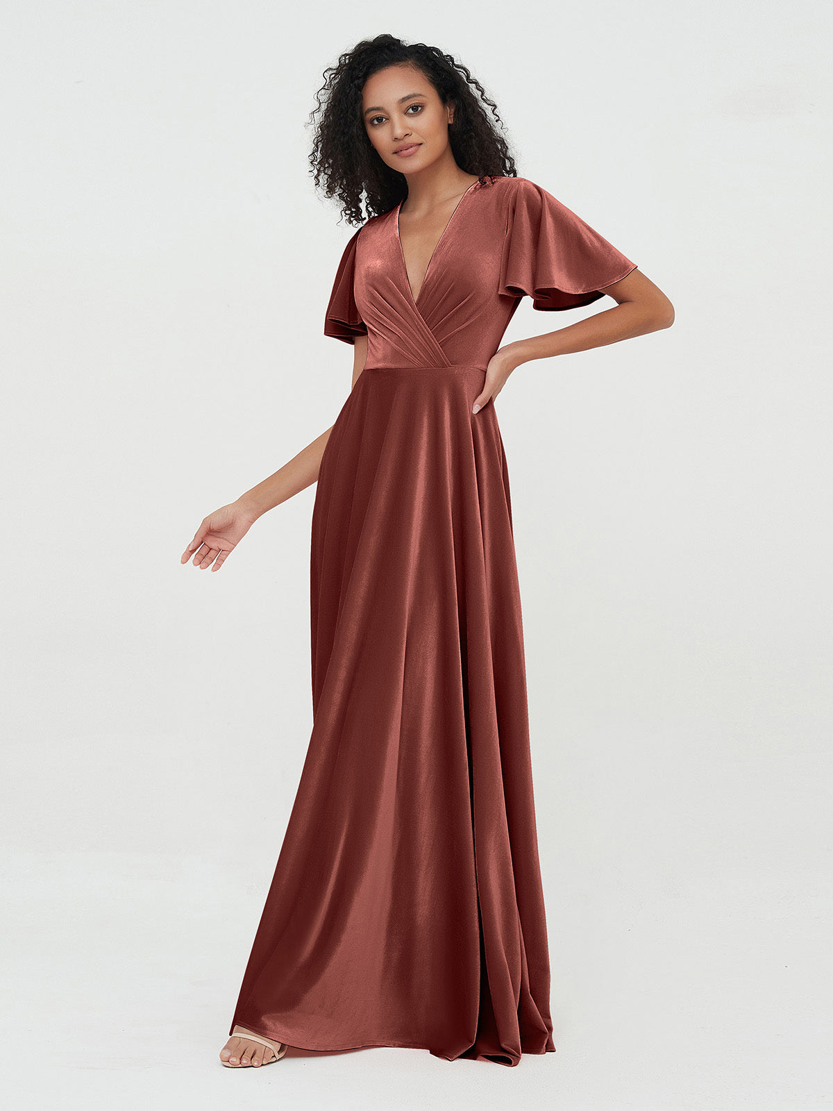 Vestidos máximos de terciopelo con espalda abierta y mangas de volantes Terracota Tallas Grandes
