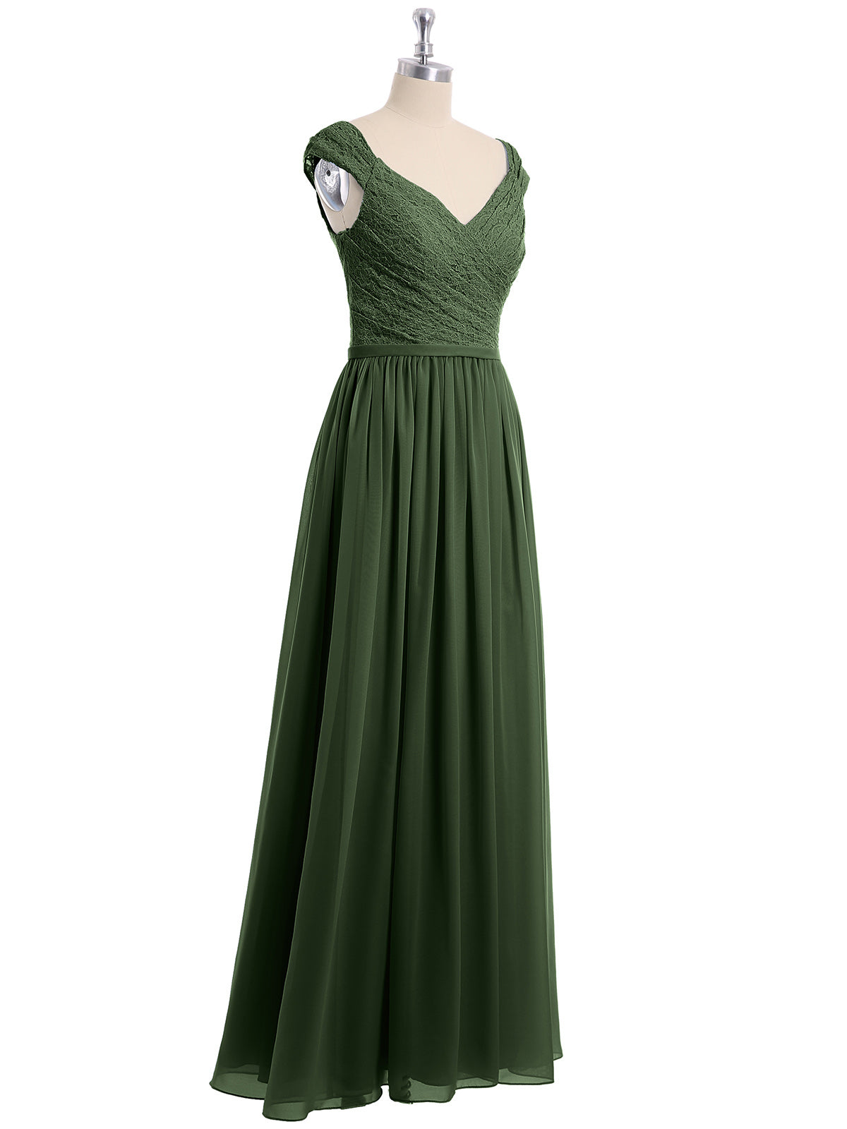 Vestido con la parte superior de encaje y la parte inferior de chiffon con mangas cap Verde Oliva