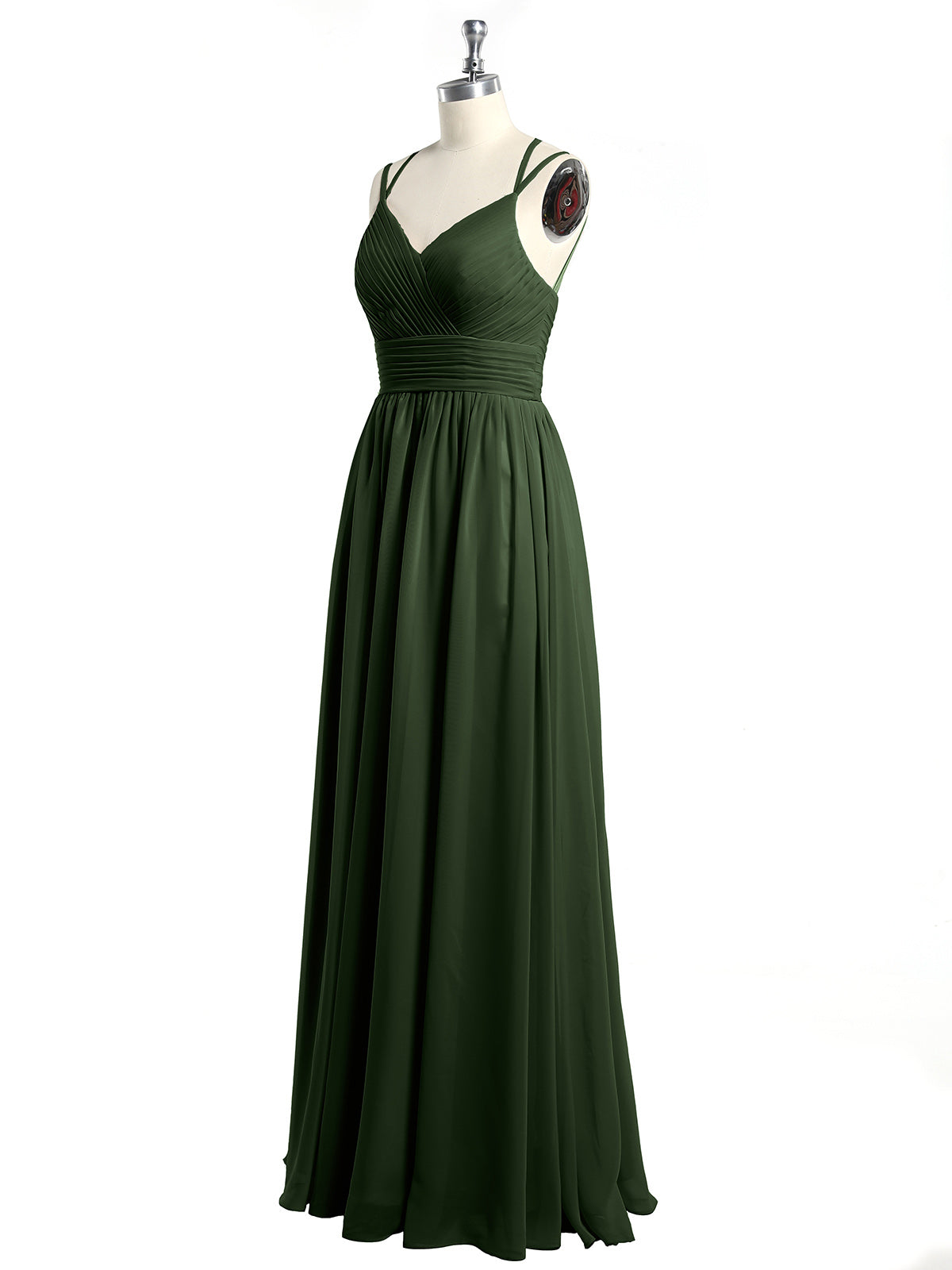 Vestidos de chiffon con tirantes dobles y escote en corazón Verde Oliva