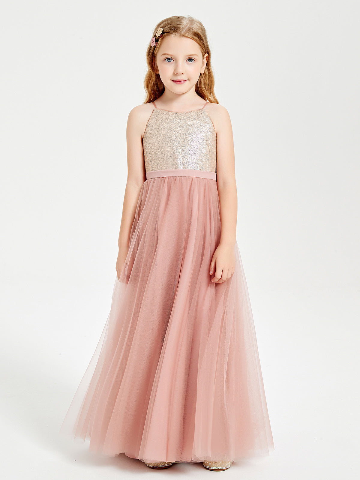 Vestido Largo De Dama De Honor Junior Con Parte Superior De Lentejuelas Y Tul Blanco