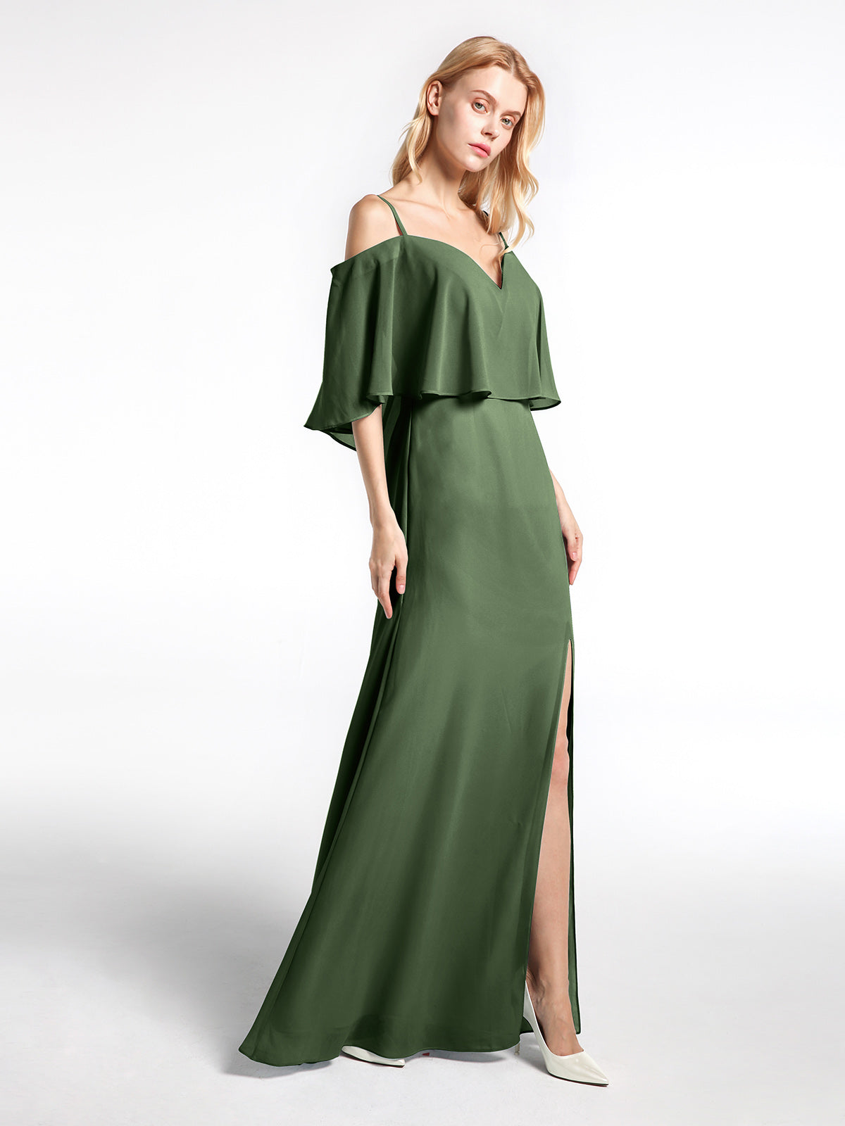 Vestido maxi con hombros descubiertos y volante superpuesto Verde Oliva