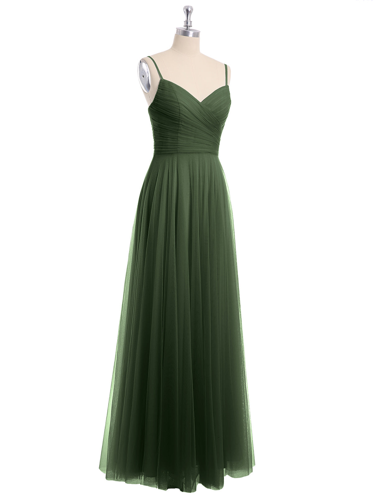 Vestido largo de tul con tirantes finos y escote en corazón Verde Oliva Tallas Grandes