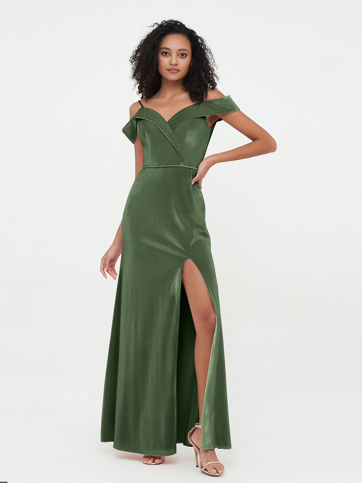 Vestidos máximos de terciopelo con hombros descubiertos y abertura Verde Oliva Tallas Grandes