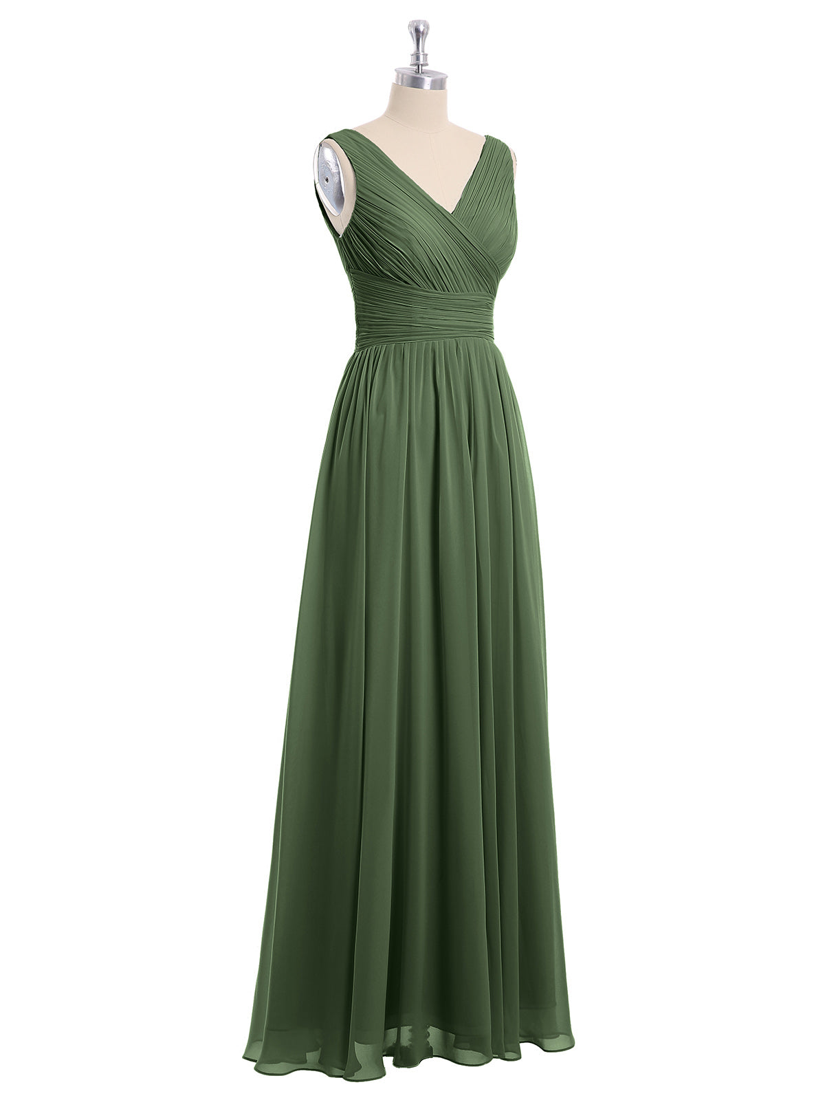 Vestidos largos de chiffon con escote en V hasta el suelo Verde Oliva Tallas Grandes