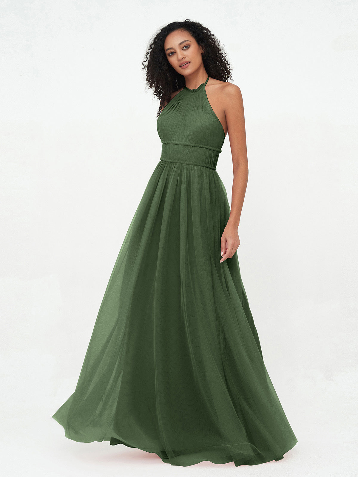 Vestidos boho máximos de tul con escote halter ilusión Verde Oliva
