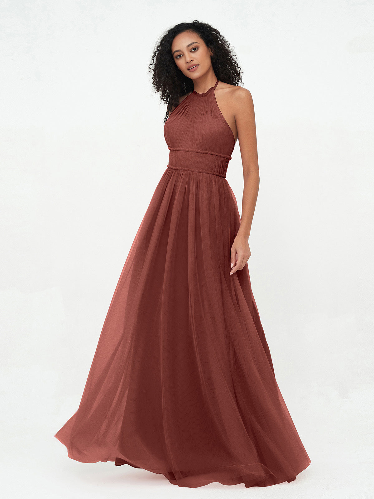 Vestidos boho máximos de tul con escote halter ilusión Terracota Tallas Grandes