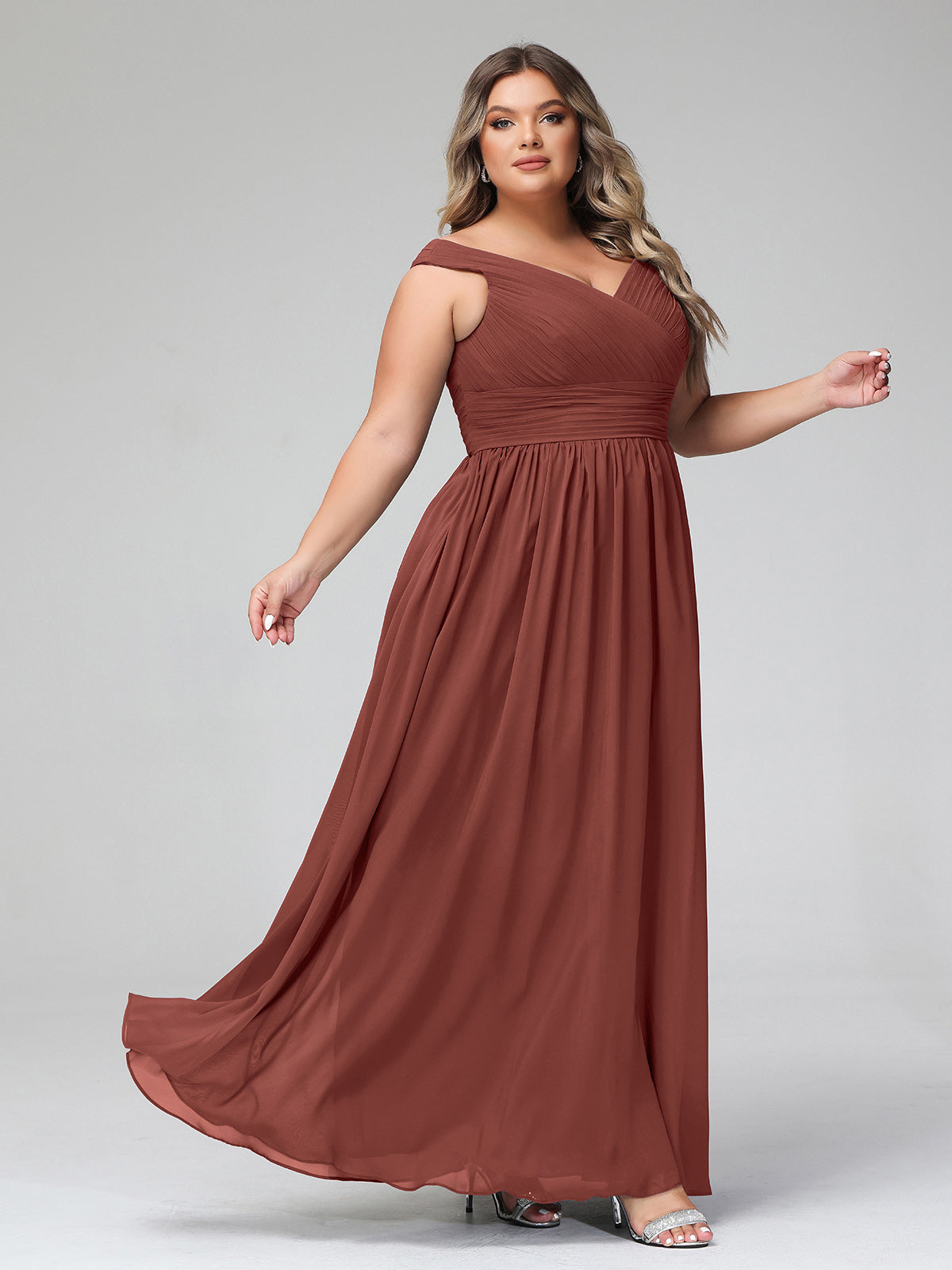 Vestido maxi con escote en V y hombros descubiertos con bolsillos Terracota Tallas Grandes