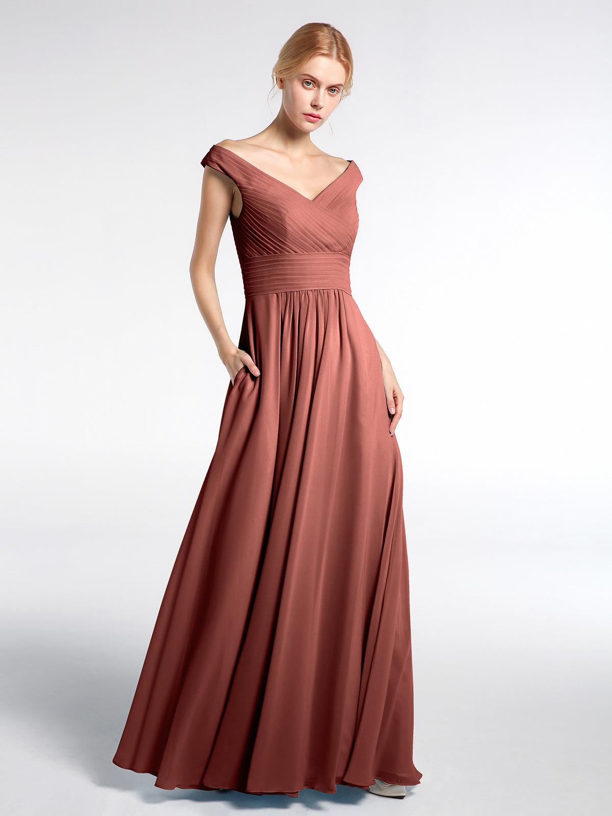 Vestido maxi con escote en V y hombros descubiertos con bolsillos Terracota