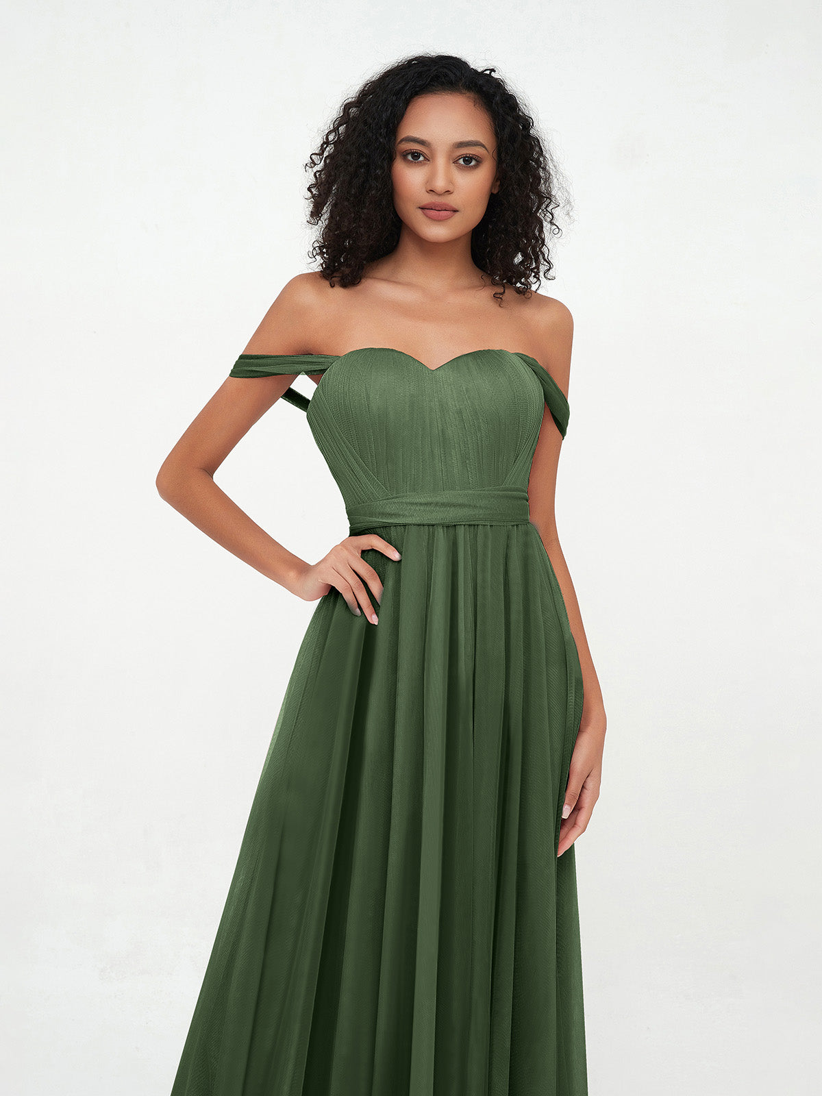 Vestidos de tul estilo princesa de hombros descubiertos con lazo en la cintura Verde Oliva Tallas Grandes