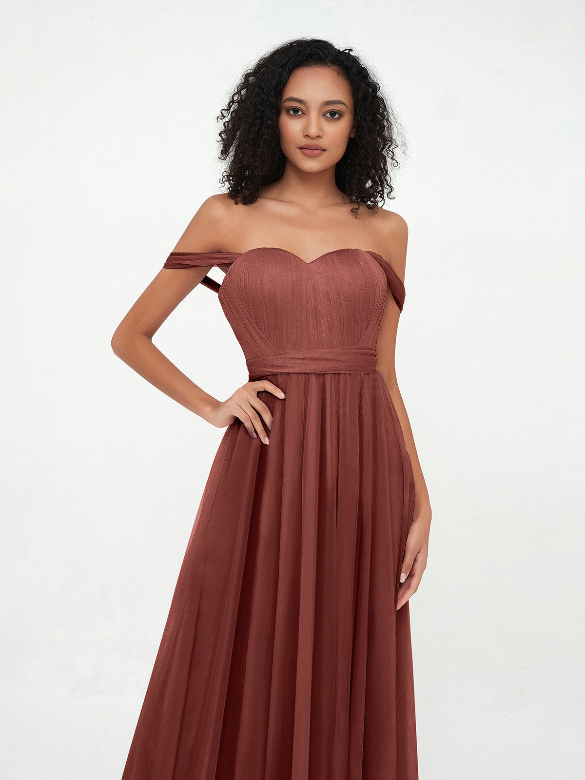 Vestidos de tul estilo princesa de hombros descubiertos con lazo en la cintura Terracota Tallas Grandes